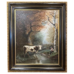 19th Century French Oil on Canvas Pastoral Cow Painting in Black and Gilt Frame