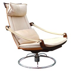 Vintage Ake Fribytter for NELO Sweden Swivel Leather Lounge Chair Cognac