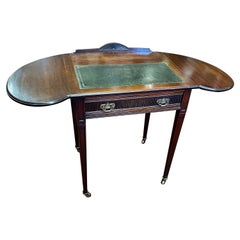 Rare Antique English Mahogany Leather Top Kidney Shape Drop-Leaf Campaign Desk