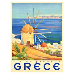 Original Vintage Travel Poster Greece Mykonos Island Kostas Linakis Aegean Sea