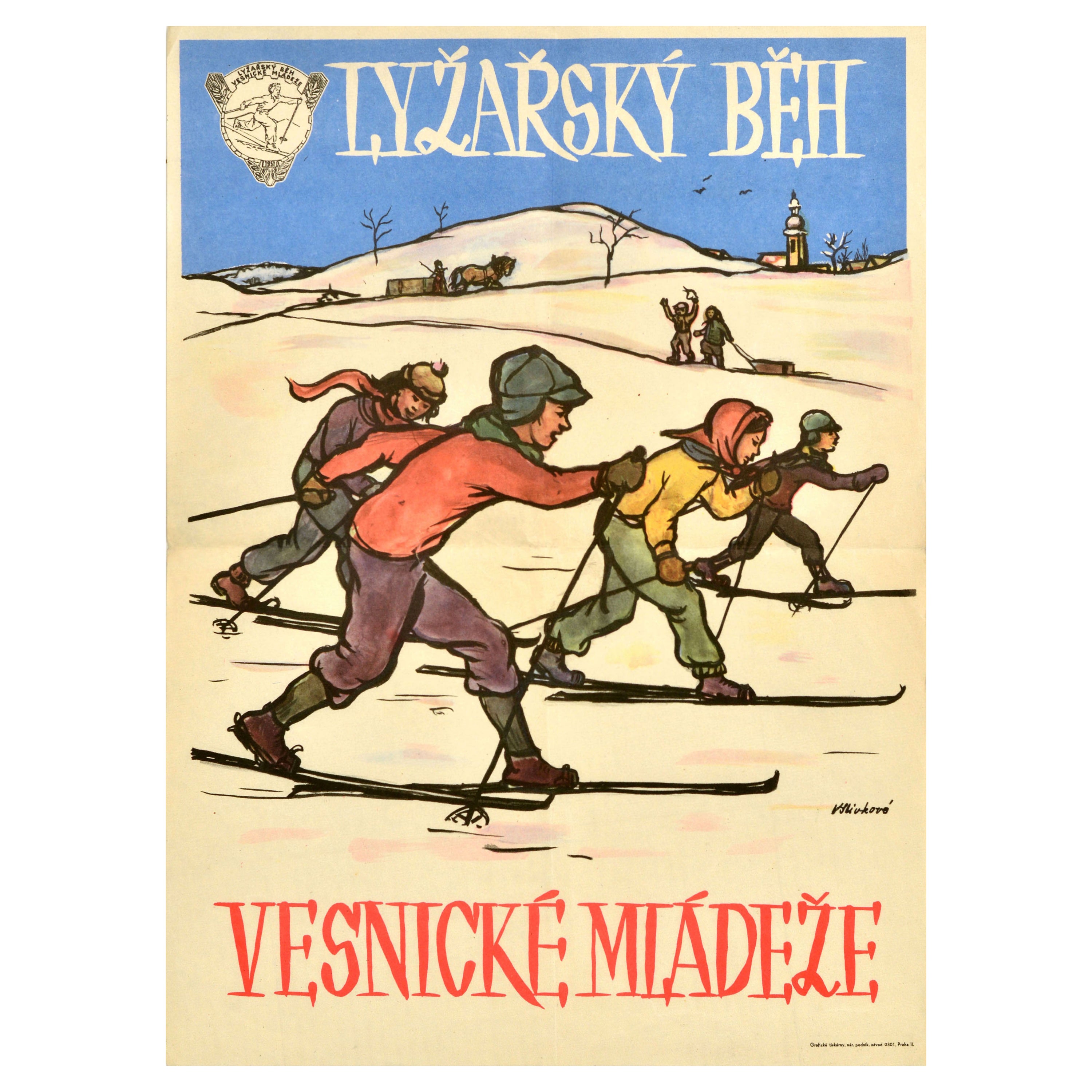 Affiche vintage originale des sports d'hiver, Village, Jeunes, Run, Tchécoslovaquie, Ski en vente