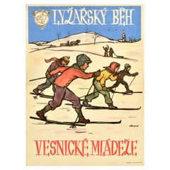 Affiche vintage originale des sports d'hiver, Village, Jeunes, Run, Tchécoslovaquie, Ski