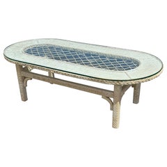 1970s Rattan Lattice Oval Glass Top Coffee Table