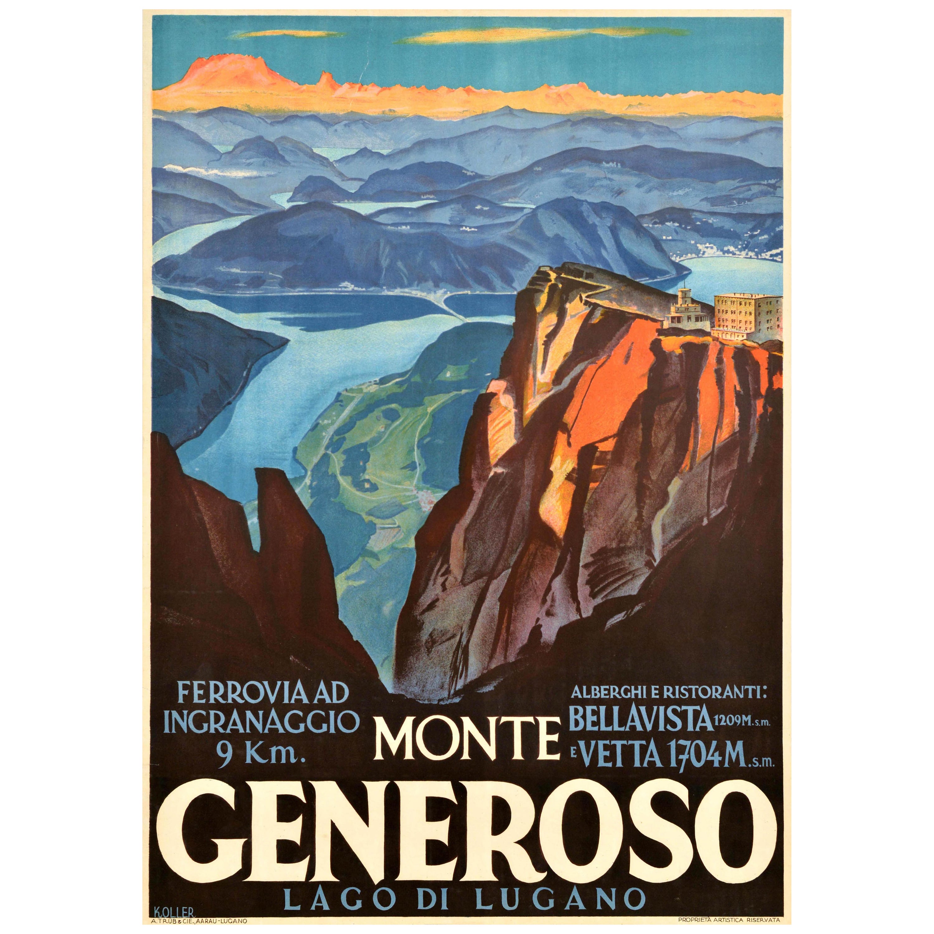 Affiche de voyage originale Monte Generoso Lago Di Lugano Suisse Koller