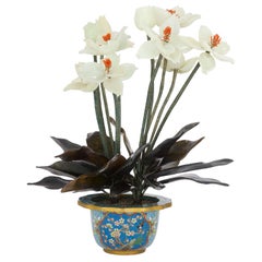 Large Chinese Nephrite and Agate Flower Model in a Cloisonné Enamel Planter