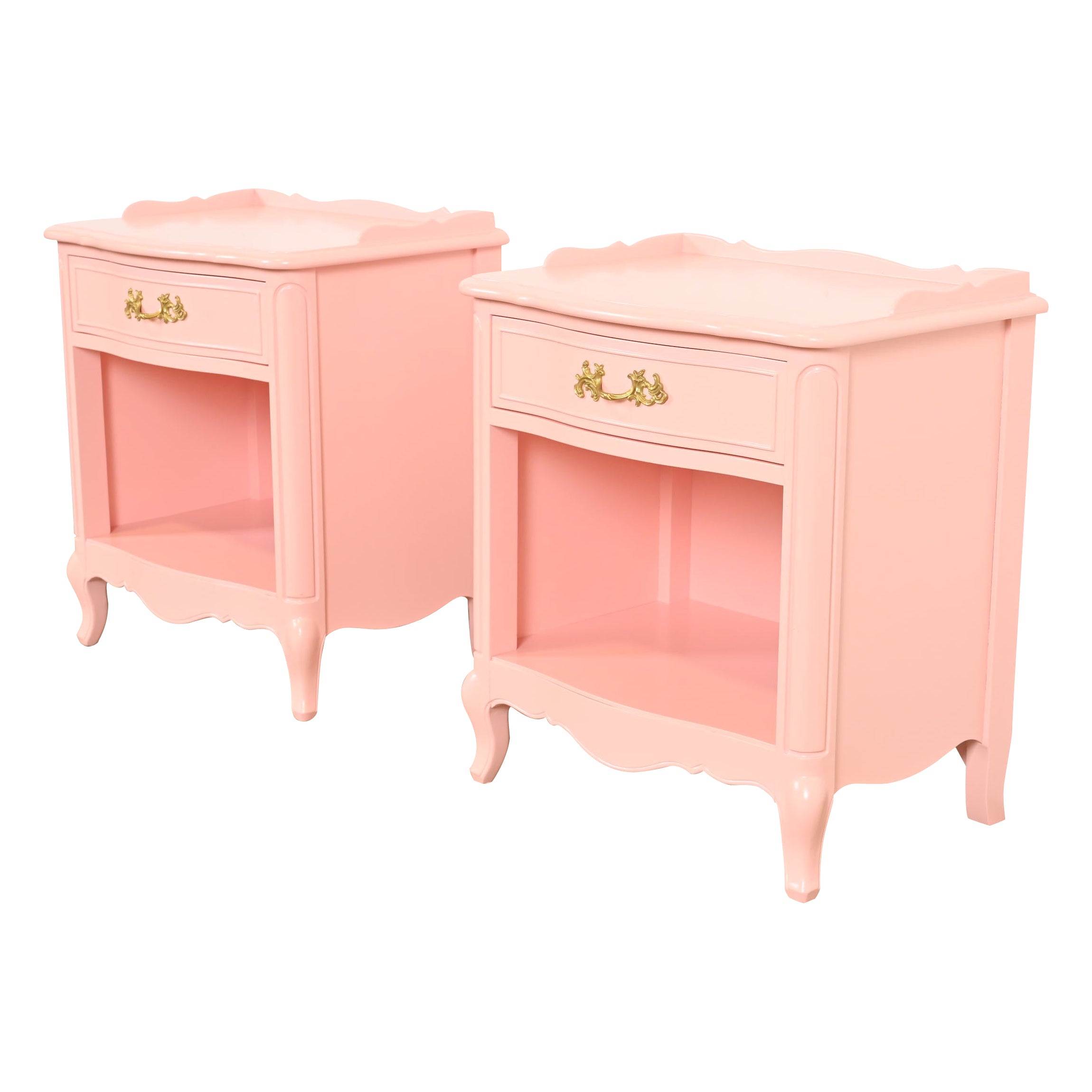 Drexel French Provincial Louis XV Pink Lacquered Nightstands, Newly Refinished