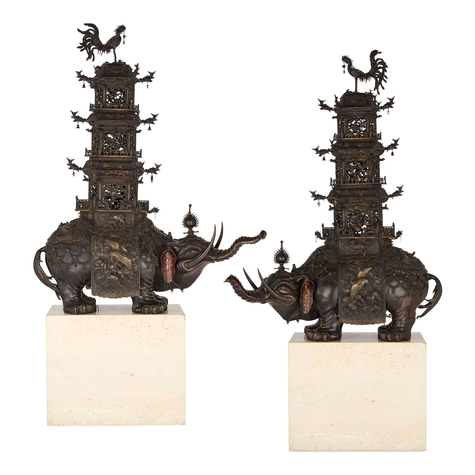 Pair of Antique Japanese Meiji Era Bronze Elephant and Pagoda Incense Burners For Sale