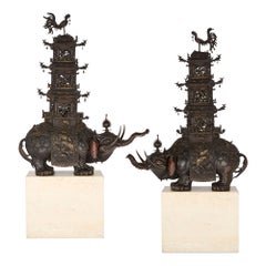 Pair of Antique Japanese Meiji Era Bronze Elephant and Pagoda Incense Burners
