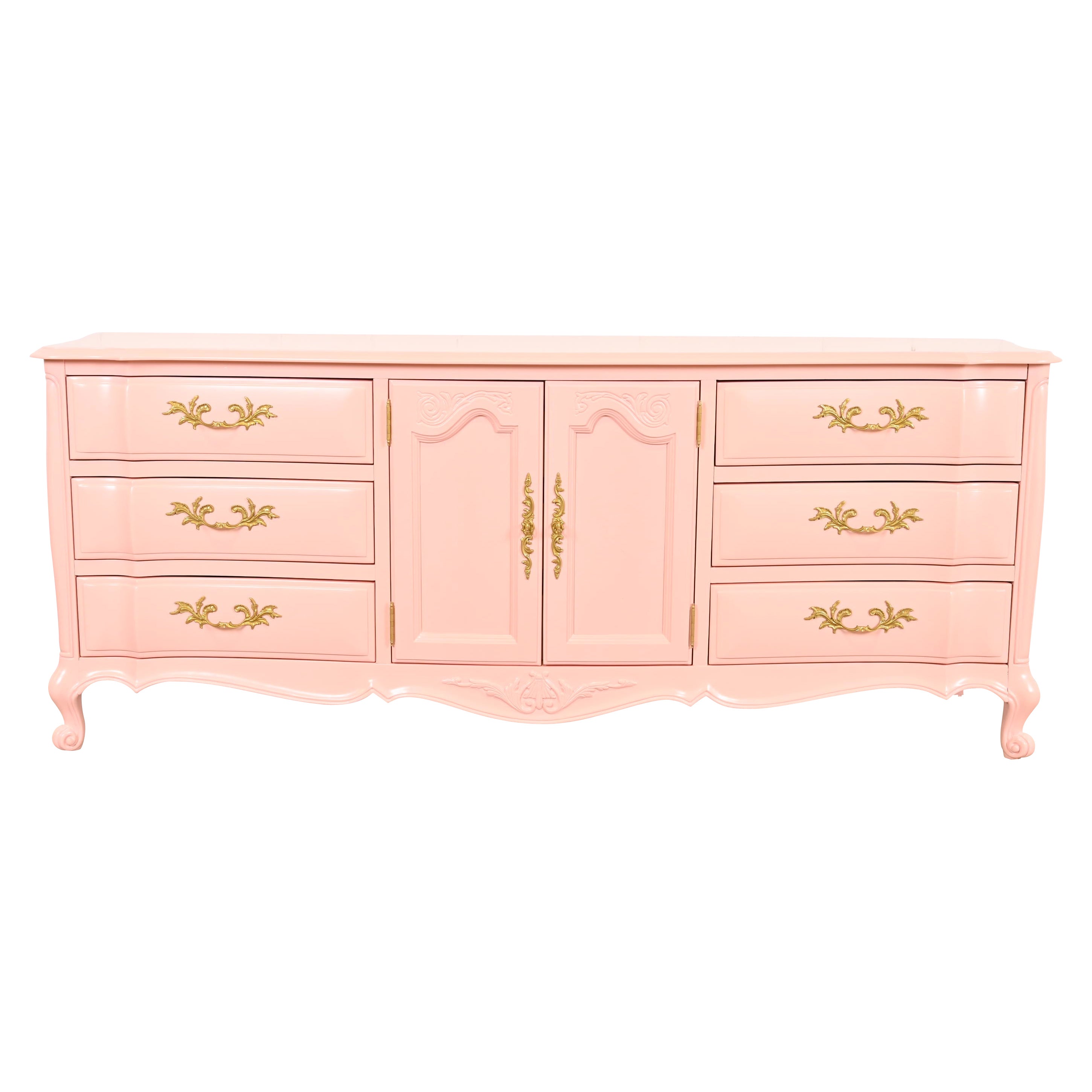 White Furniture French Provincial Louis XV Pink Lacquered Triple Dresser