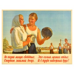 Póster deportivo soviético vintage original Pasar el tiempo haciendo deporte Voleibol URSS