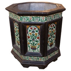 1970s Wooden Flower Pot Decorated with Flowers & Metal Veneer