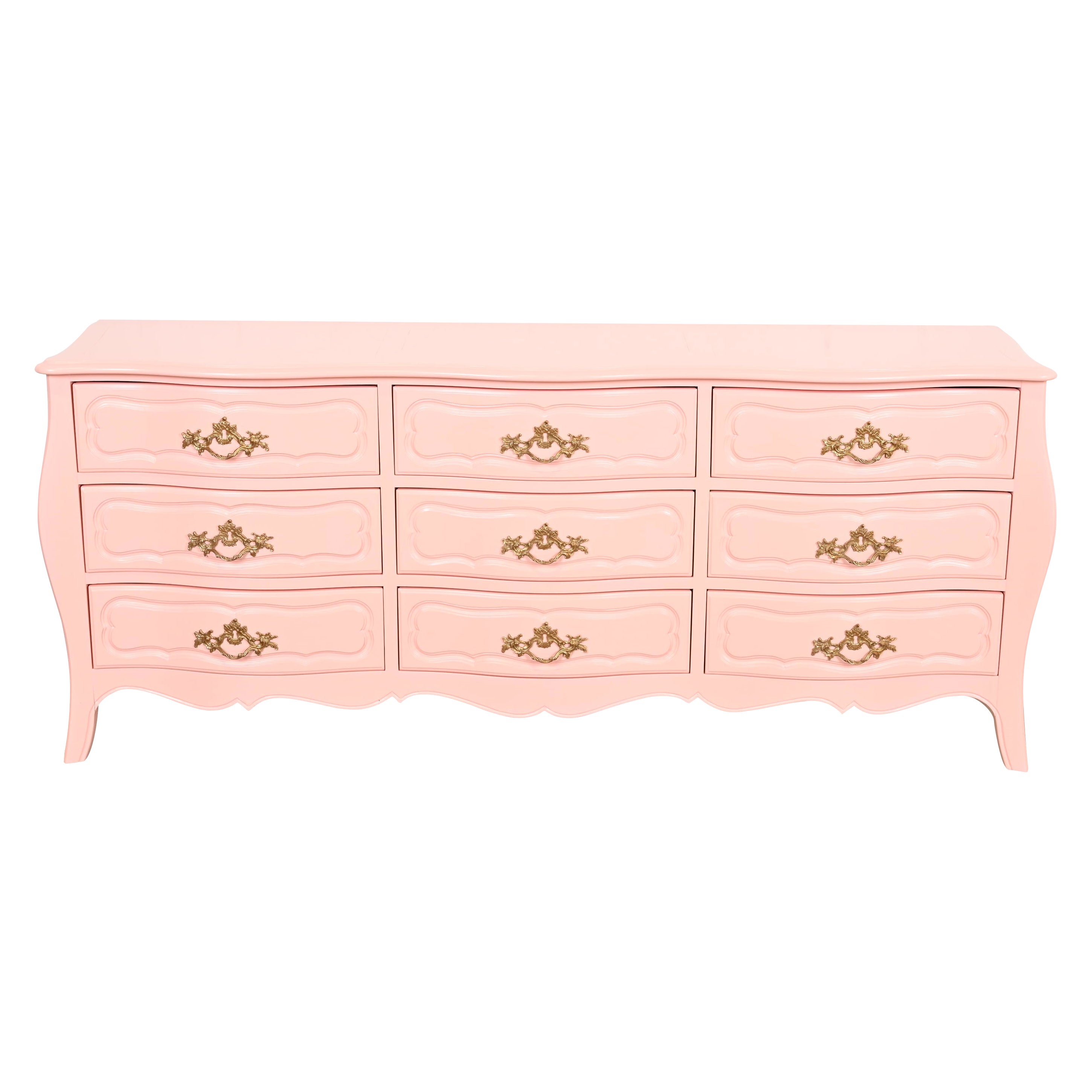 Baker Furniture French Provincial Louis XV Pink Lacquered Triple Dresser