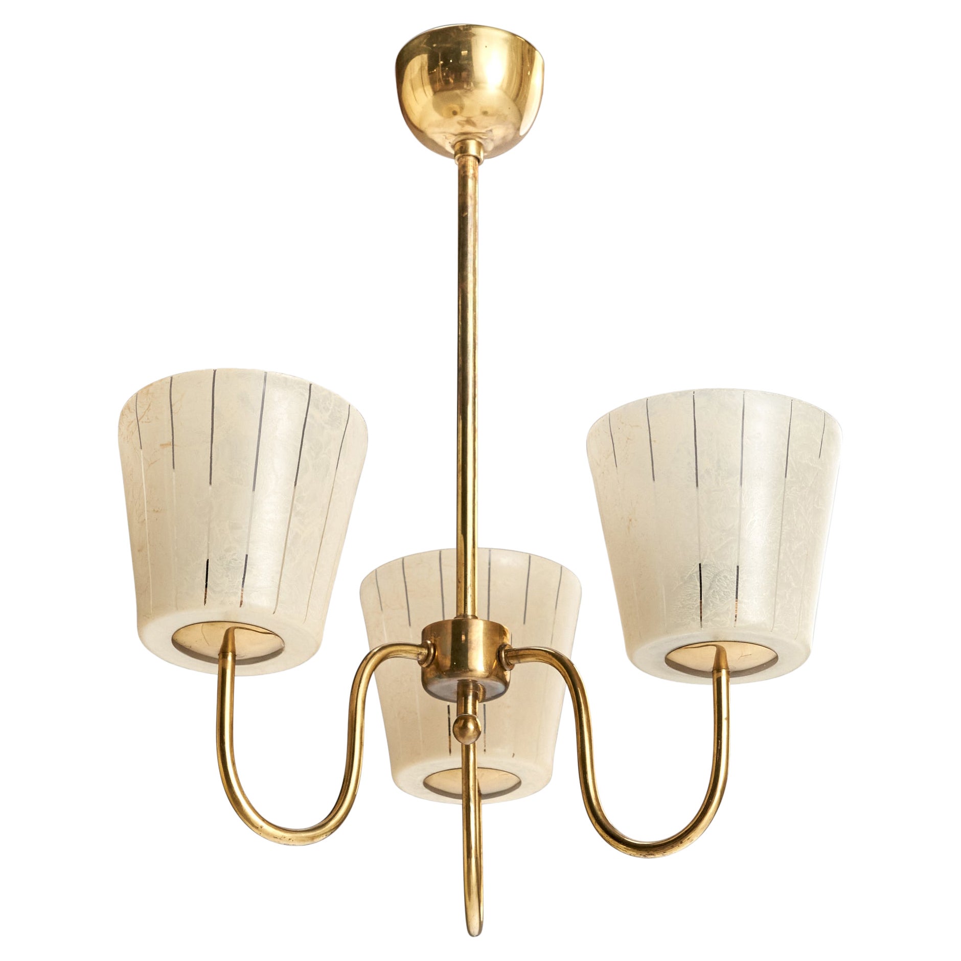 Swedish Designer, Chandelier, Brass, Glass, Sweden, 1950s
