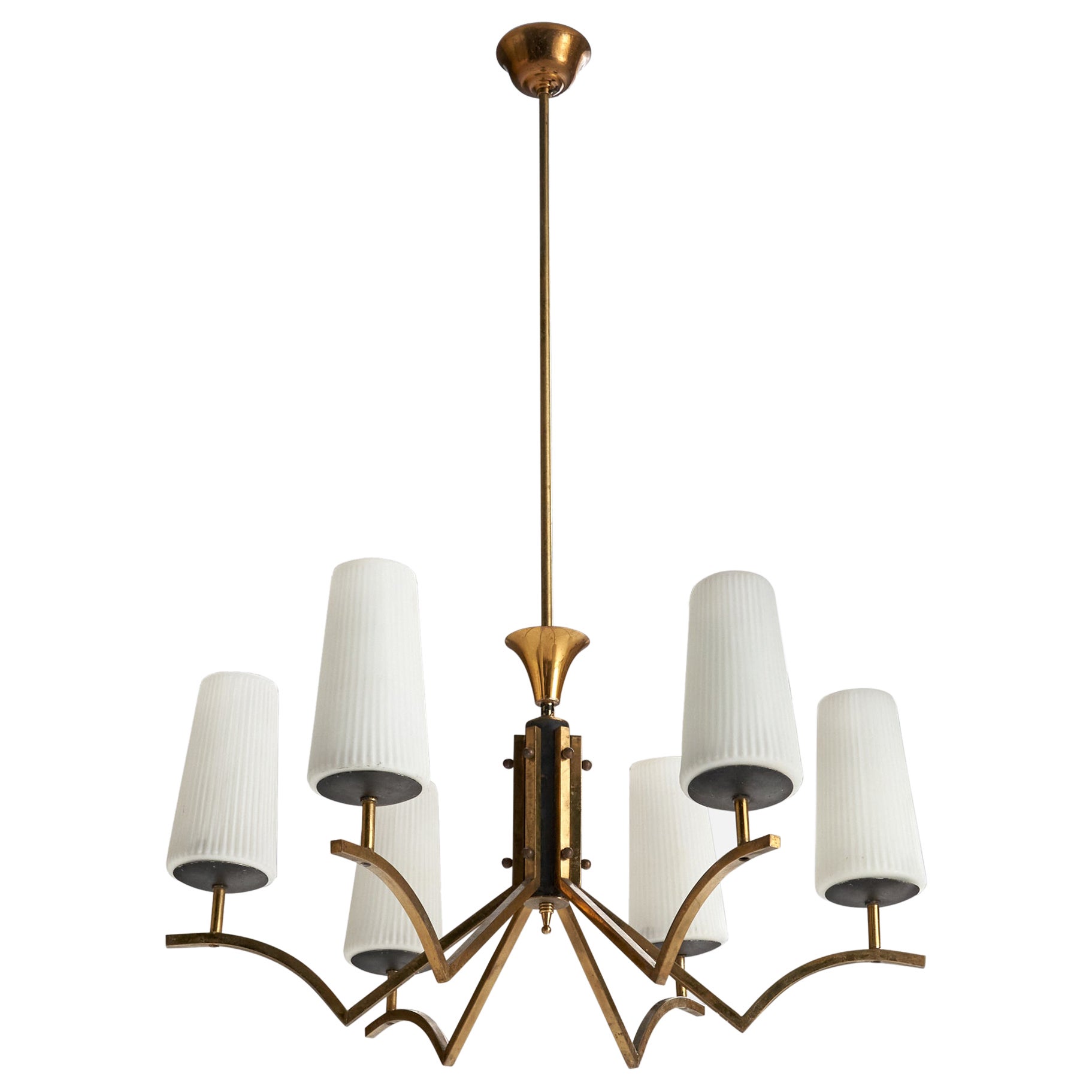 Italian Designer, Chandelier, Brass, Glass, Metal, Italy, 1950s