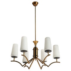 Italian Designer, Chandelier, Brass, Glass, Metal, Italy, 1950s