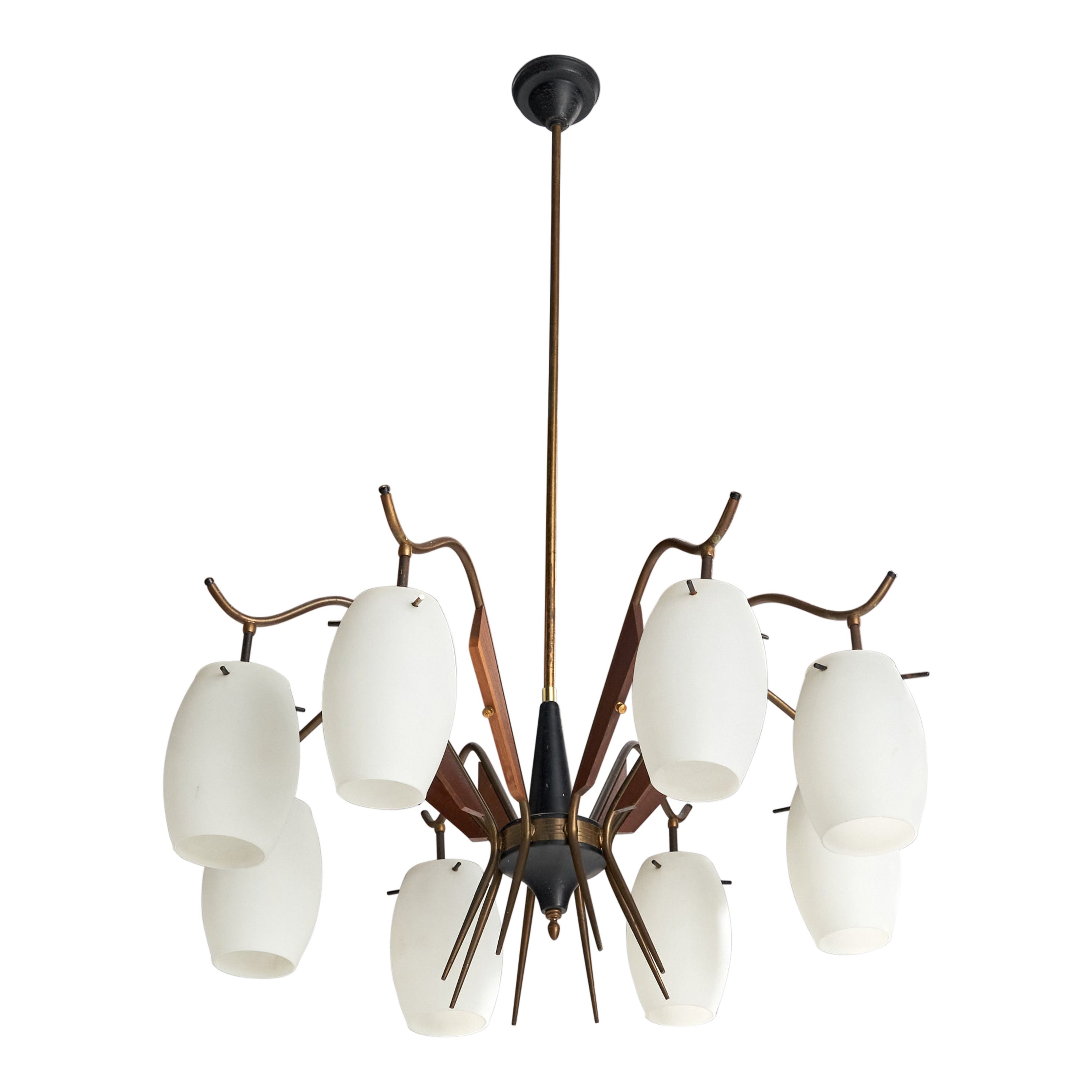 Italian Designer, Chandelier, Brass, Metal, Teak, Glass, Italy, 1950s