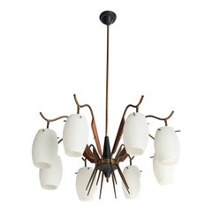 Italian Designer, Chandelier, Brass, Metal, Teak, Glass, Italy, 1950s
