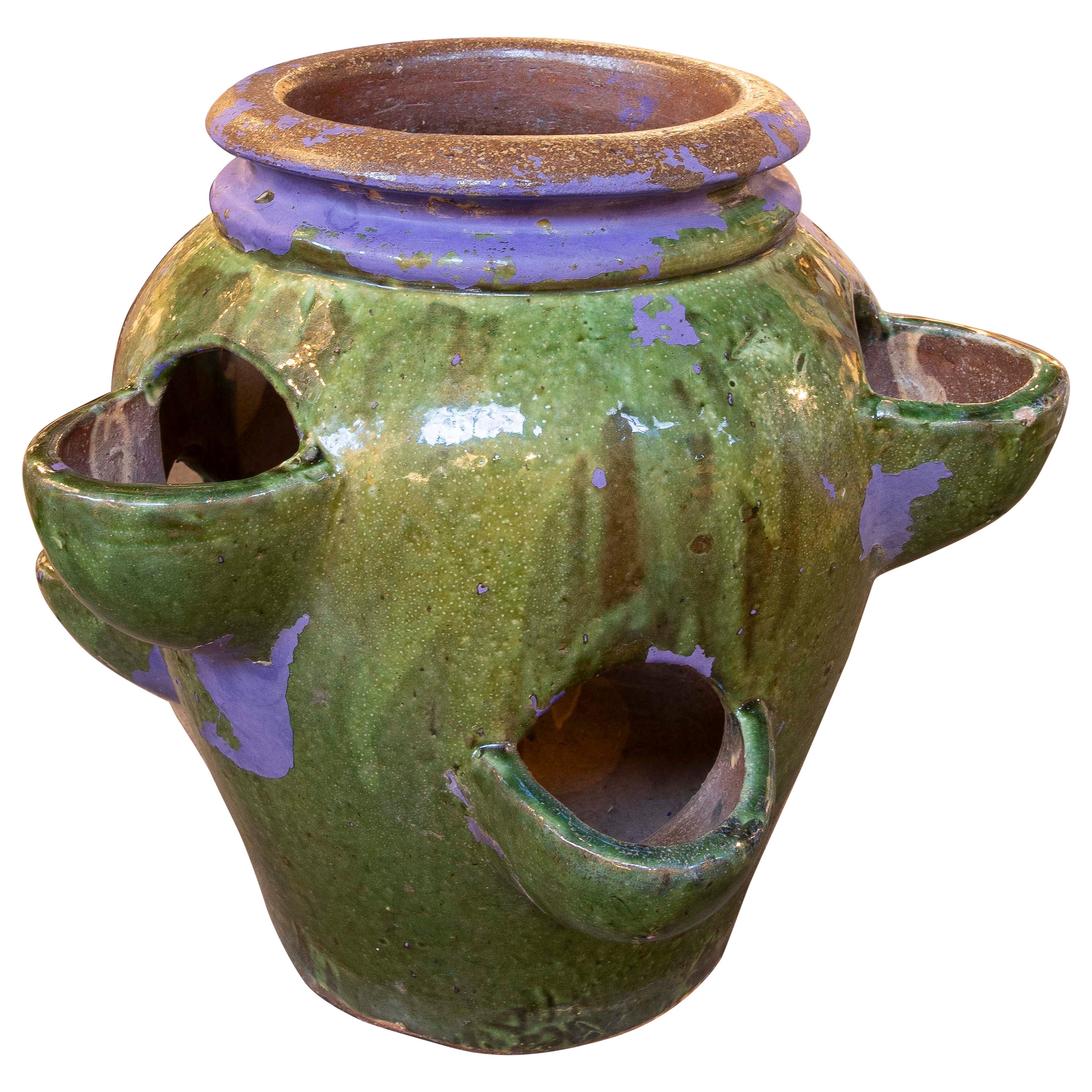 1940s Green Glazed Ceramic Spanish Pottery for Planting Strawberries For Sale