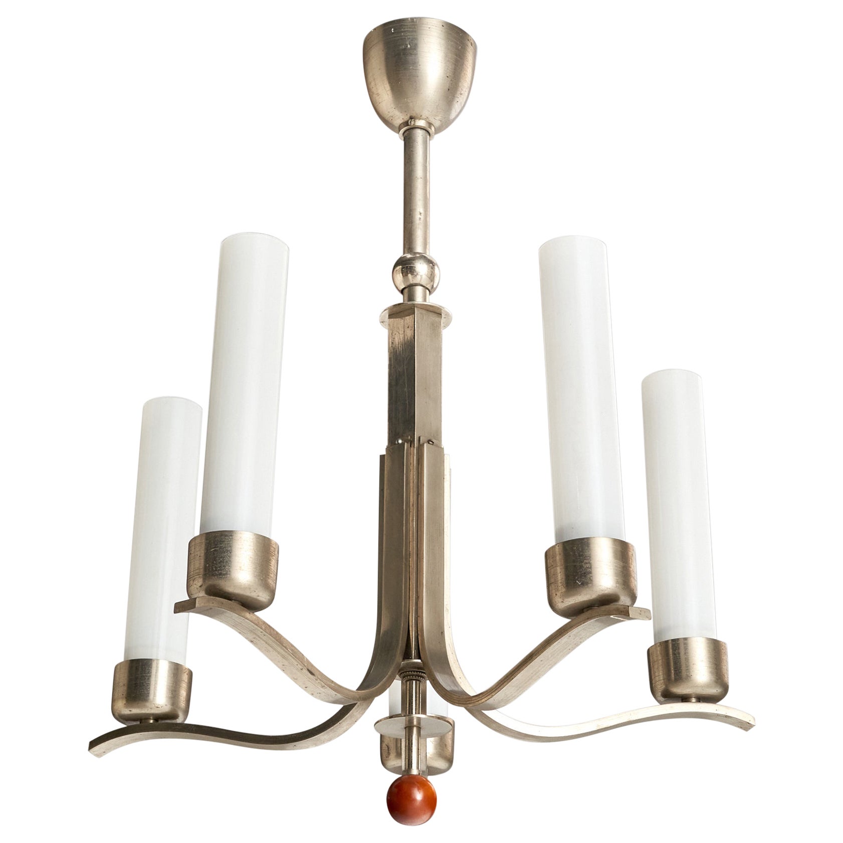 Bünte & Remmler, Chandelier, Nickel, Glass, Wood, Germany, 1920s