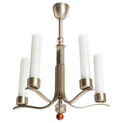 Antique Bünte & Remmler, Chandelier, Nickel, Glass, Wood, Germany, 1920s