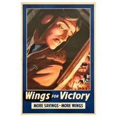 Poster di guerra originale d'epoca Wings For Victory More Savings More Wings WWII RAF