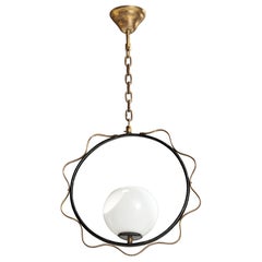 Swedish Designer, Pendant Light, Brass, Metal, Glass, Sweden, 1950s