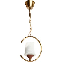 Swedish Designer, Pendant Light, Brass, Teak, Glass, Sweden, 1950s