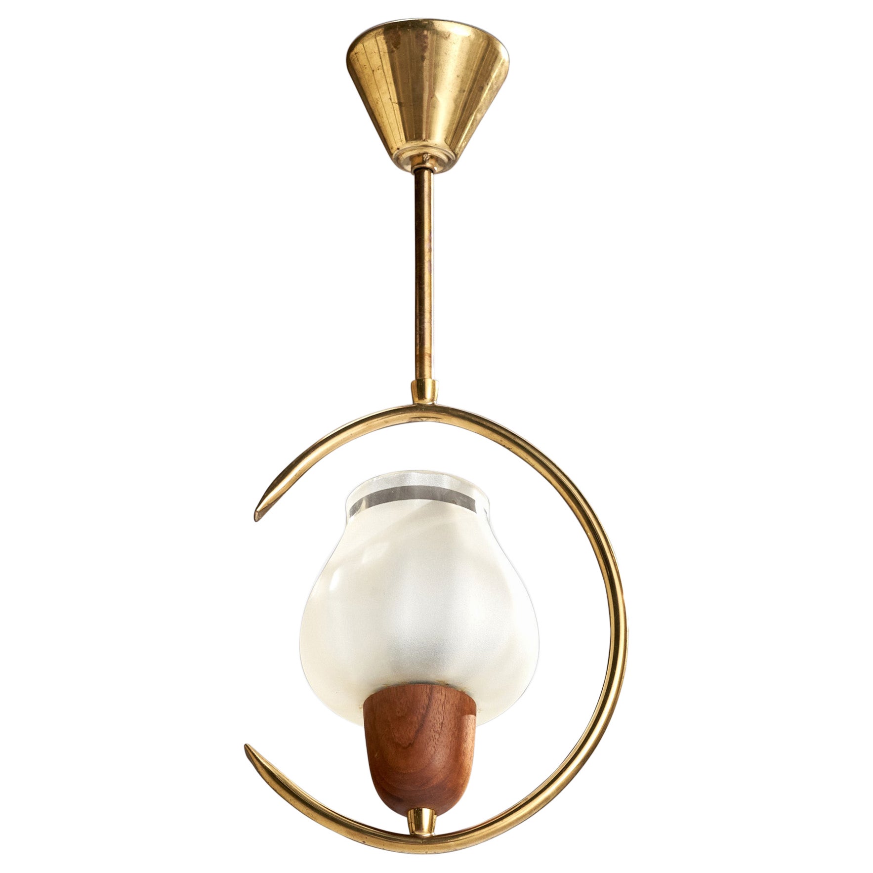 Swedish Designer, Pendant Light, Brass, Teak, Glass, Sweden, 1950s