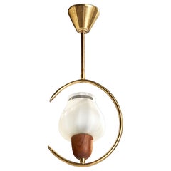 Swedish Designer, Pendant Light, Brass, Teak, Glass, Sweden, 1950s
