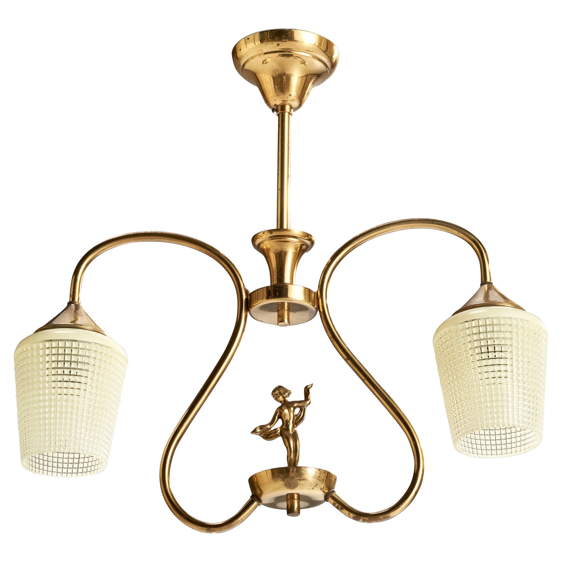 Swedish Designer, Chandelier, Brass, Glass, Sweden, 1940s