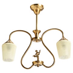 Swedish Designer, Chandelier, Brass, Glass, Sweden, 1940s