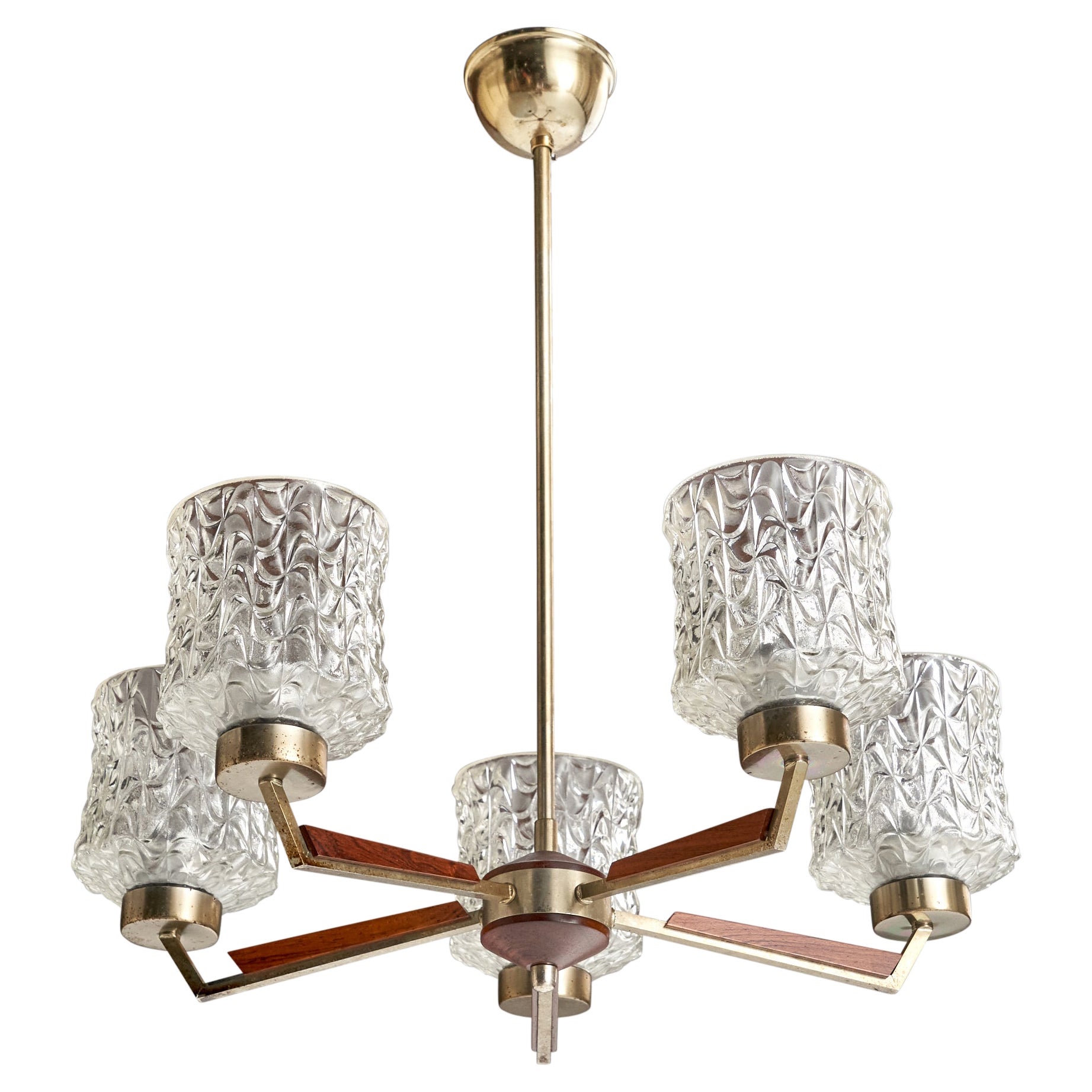 Lampadario di design svedese, metallo, teak, vetro, Svezia, anni '50