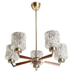 Lampadario di design svedese, metallo, teak, vetro, Svezia, anni '50