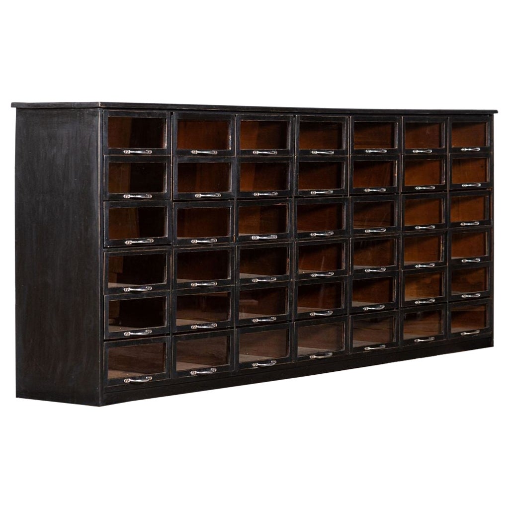 Monumental English Ebonised Pine Glazed Haberdashery Drawers For Sale
