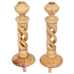 Hand Carved Olive Wood Spiral Candlestick Holders - a Pair