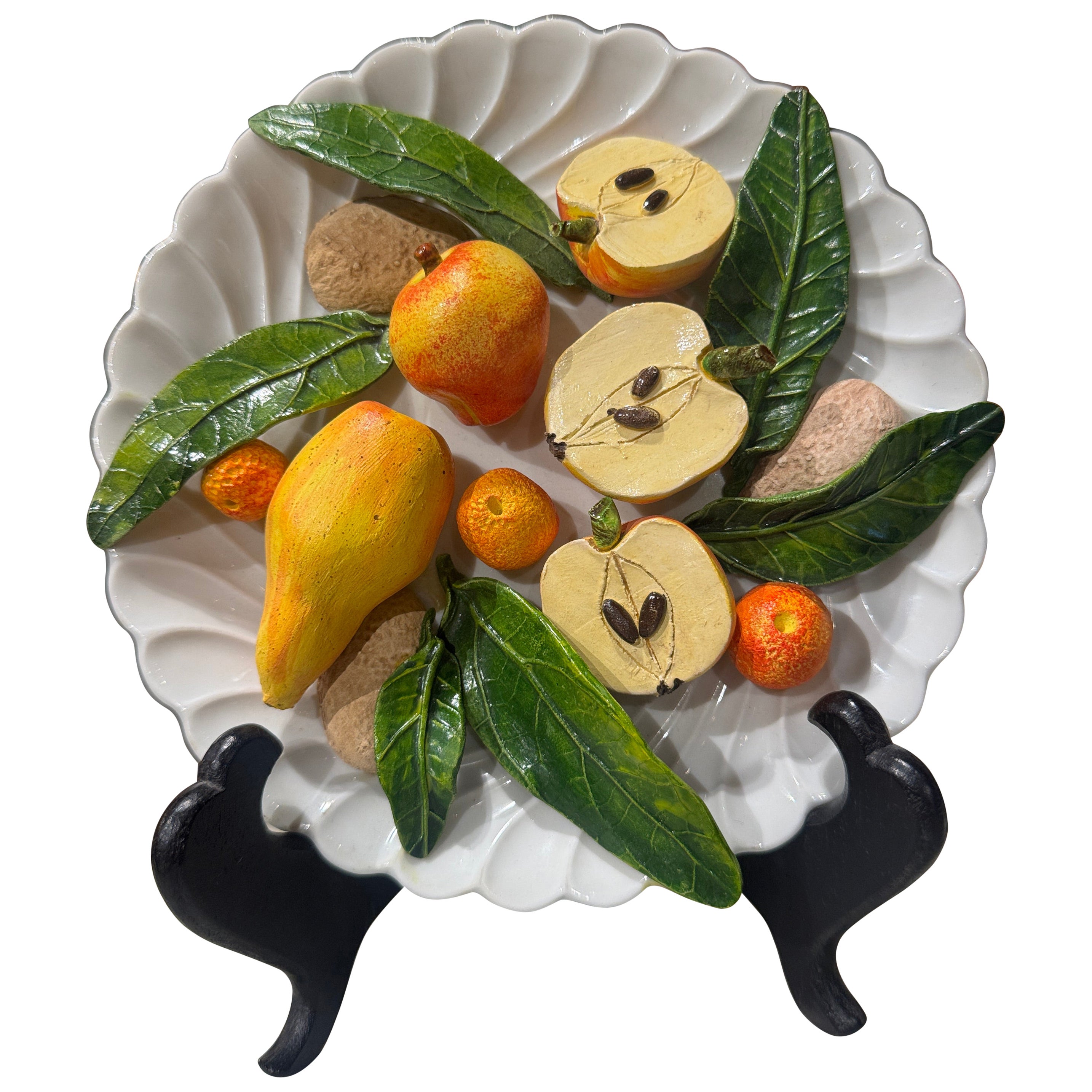 Plato de frutas "Trompe L'Oeil" francés vintage Christine Viennet hecho a mano