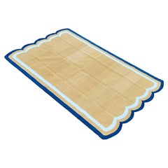 Tappeto a tessitura piatta in cotone fatto a mano, 5x8 giallo e blu con smerlo indiano Dhurrie