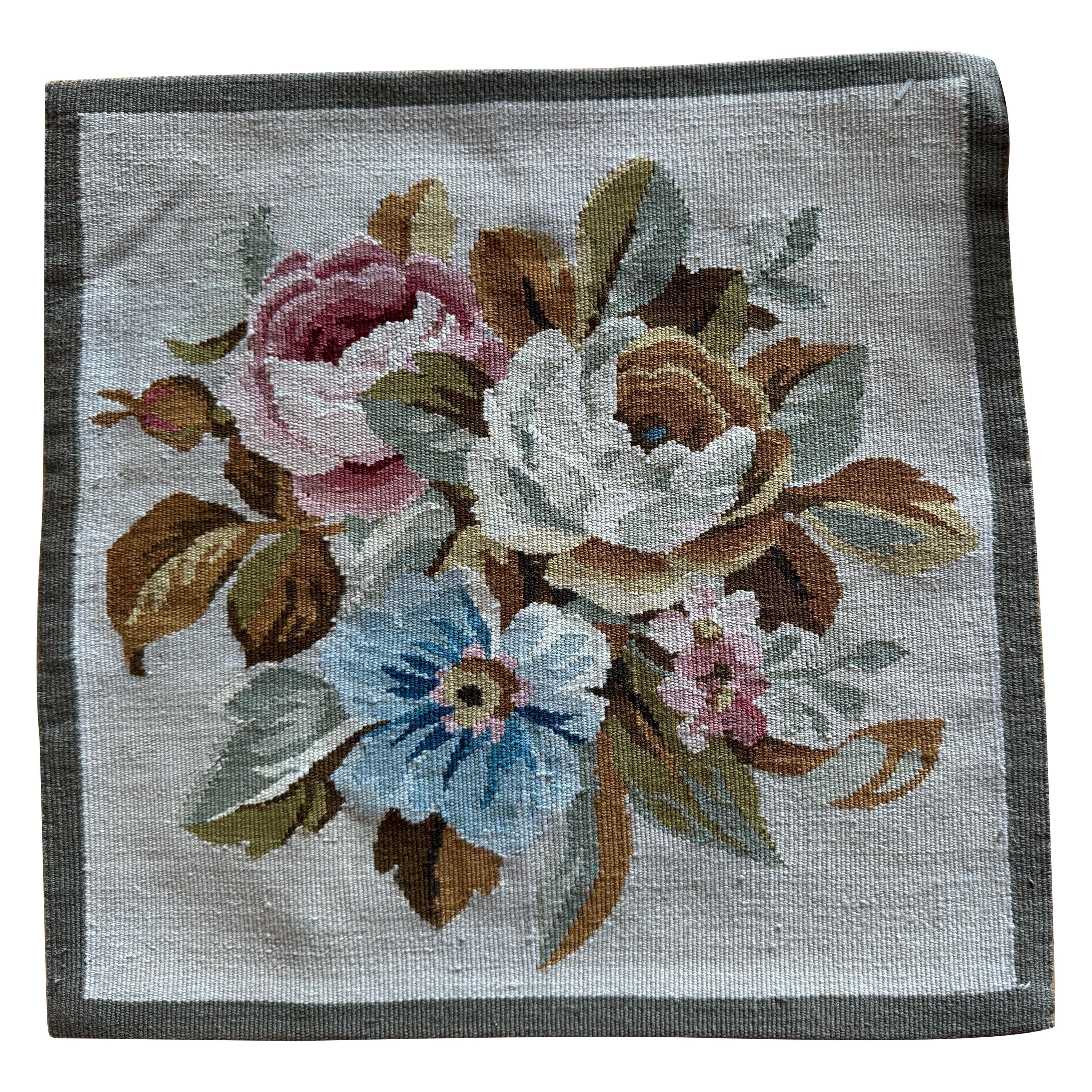 Ivory & Blue French Provincial Style Floral Needlepoint Square Pillow Case