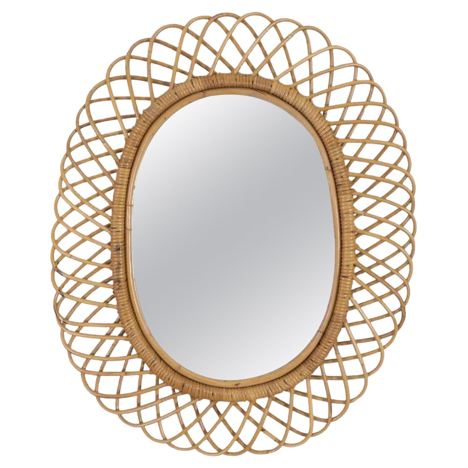 Mid-Century Franco Albini Attributed Rattan and Bamboo Oval Mirror