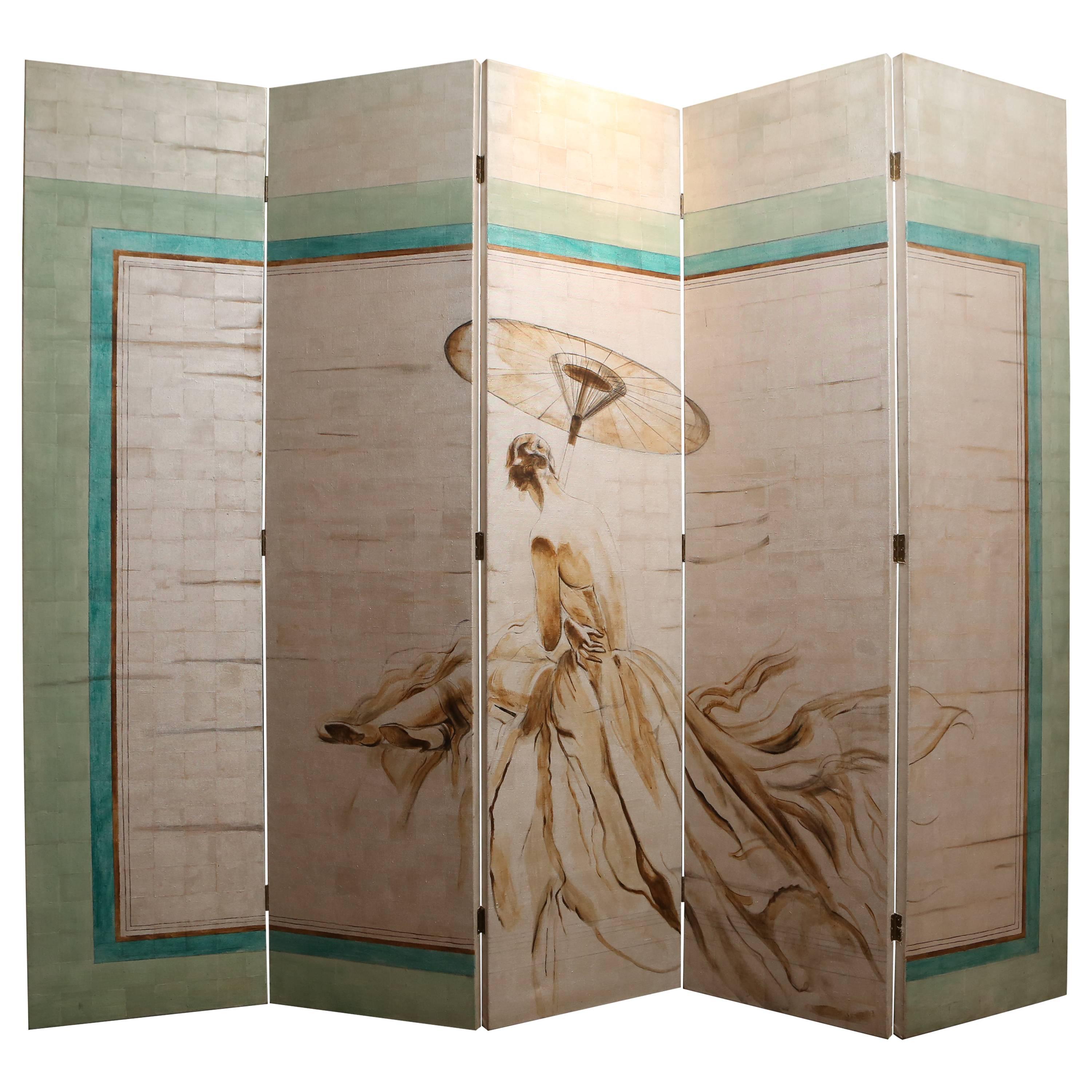 Folding Painted Screen of a Woman attributed to Jacques Grange