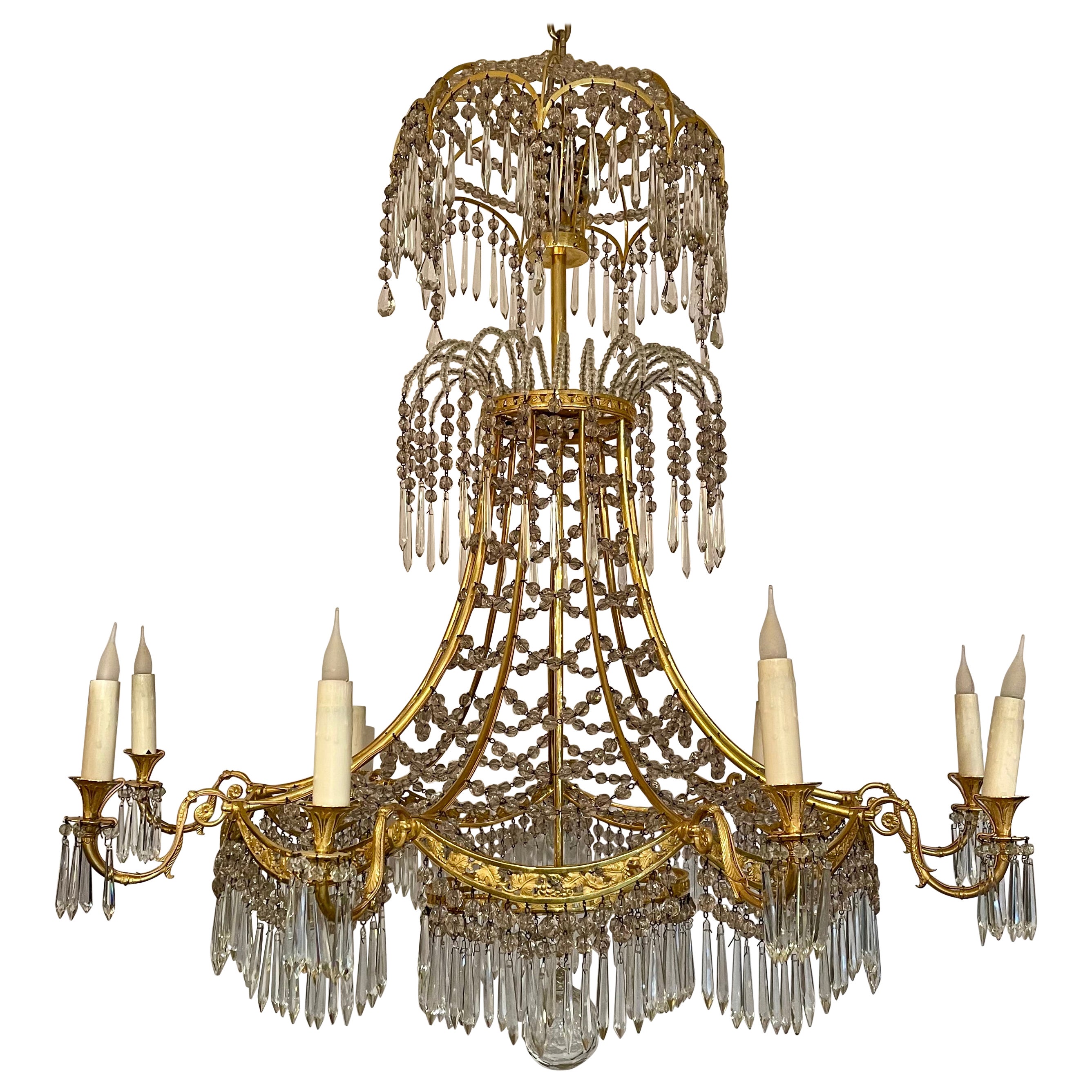 Antique French Northern European Empire Style Gold Bronze and Crystal Chandelier