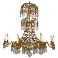 Antique French Northern European Empire Style Gold Bronze and Crystal Chandelier