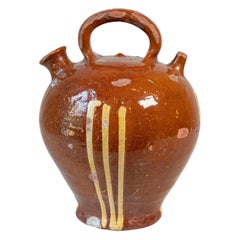 Rustic French 19th Century Pottery Jug with Russet Ground and Yellow Stripes