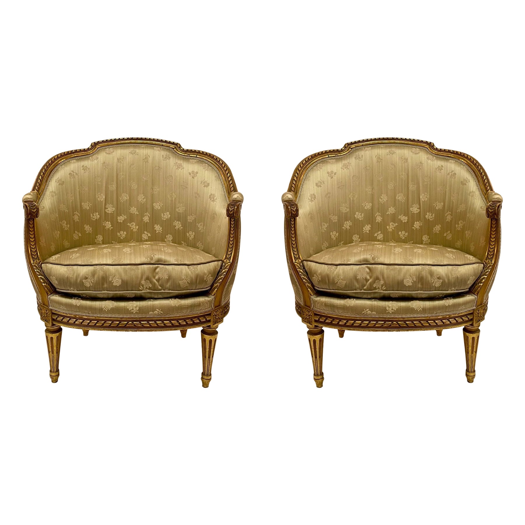 Pair Antique French Carved Wood with Gold-Leaf Bergere Chairs, Circa 1880-1890.