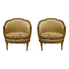 Pair Antique French Carved Wood with Gold-Leaf Bergere Chairs, Circa 1880-1890.