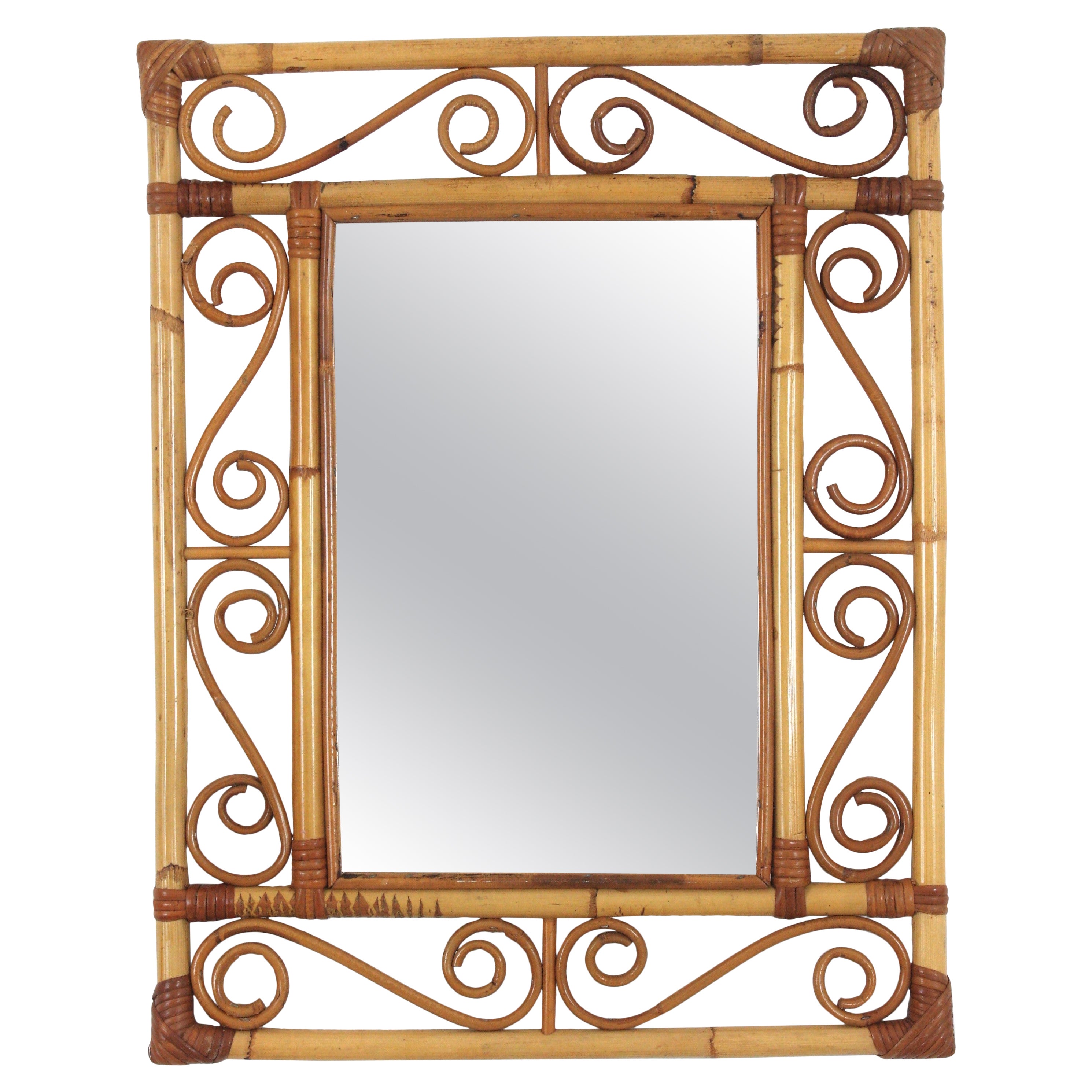 Franco Albini Style Rattan Rectangular Mirror with Scroll Motifs For Sale