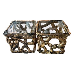Vintage Modern Pair Gold 1970s Acrylic Stanley Ribbon Side End Drink Tables