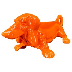 Cast Iron Foot Boot Scraper of Dachshund Dog, Powder-Coated Orange