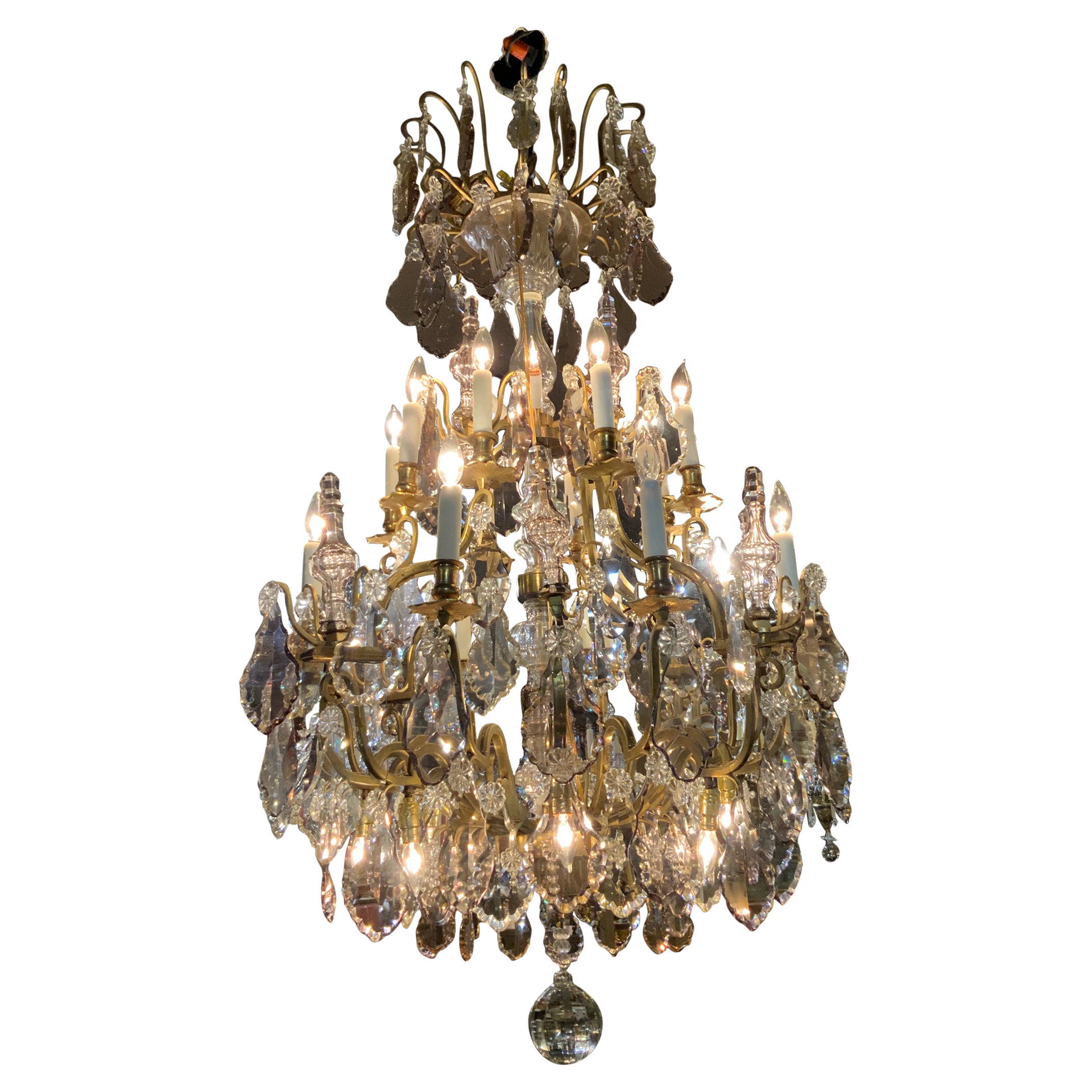 Large bronze and crystal chandelier with clear and lavender crystals