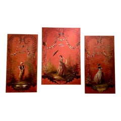 Set di 3 pannelli antichi in ocra rossa del XIX secolo in stile "Chinoiserie".
